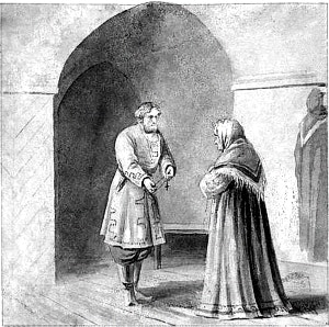 Серебряный отдает крест матери Максима. Иллюстрация к роману А. К. Толстого «Князь Серебряный».
