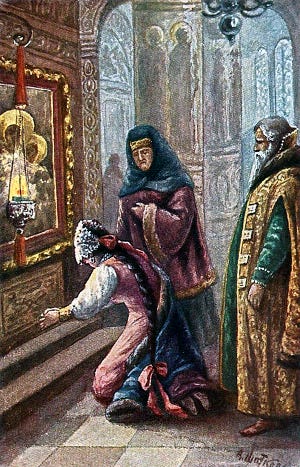 Открытка. Князь Серебряный. Иллюстрация к роману А. Толстого. А. Шаткова, 1905-1915 гг.