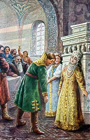 Поцелуйный обряд. Открытка. Князь Серебряный. Иллюстрация к роману А. Толстого. А. Шаткова, 1905-1915 гг.