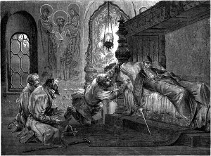 Литературный альбом. «Князь Серебряный» гр. А. К. Толстого. Иоанн Грозный и сказочники. Рис. Коверзнев, грав. Берг.