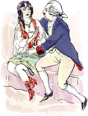 — О Зденка, воскликнул я, — тебя одну я вижу, тебя лишь слышу, я более не волен в себе... Иллюстрация к рассказу А. К. Толстого «Семья вурдалака». Художник Рудольф Шлихтер, XX в.