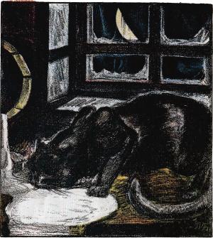 Тут и сливки, — целый пруд… Лижет кот и там и тут, съесть все это хочет, лапы мочит. Иллюстрация к сказке А. Н. Толстого «Кот сметанный рот». Художник Белкин Вениамин Павлович, 1924