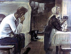 Наутро он проснулся от потрескивания дров, мать осторожно возилась у печи; на протянутой веревке висели его выстиранные портянки, у двери стояли вымытые сапоги. Иллюстрация к рассказу А. Н. Толстого «Русский характер». Художник Г. Сояшников, 1978 г.