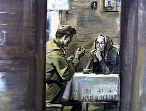Он стал рассказывать про ее сына, про самого себя, — подробно, как он ест, пьет, не терпит нужды ни в чем, всегда здоров, весел, и — кратко о сражениях, где он участвовал со своим танком. Иллюстрация к рассказу А. Н. Толстого «Русский характер». Художник Г. Сояшников, 1978 г.