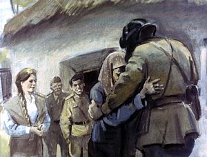 «Мама, здравствуй, это я!..» И вижу — маленькая старушка припала к нему на грудь. Оглядываюсь, тут, оказывается, и другая женщина. Даю честное слово, — есть где-нибудь еще красавицы, не одна же она такая, но лично я — не видал. Иллюстрация к рассказу А. Н. Толстого «Русский характер». Художник Г. Сояшников, 1978 г.