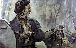 Человек он простой, тихий, обыкновенный, — колхозник из приволжского села Саратовской области. Но среди других заметен сильным и соразмерным сложением и красотой. Бывало заглядишься, когда он вылезает из башни танка, — бог войны!.. Иллюстрация к рассказу А. Н. Толстого «Русский характер». Художник Г. Сояшников, 1978 г.