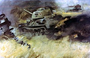 На войне, вертясь постоянно около смерти, люди делаются лучше, всякая чепуха с них слезает, как нездоровая кожа после солнечного ожога, и остается в человеке — ядро. Иллюстрация к рассказу А. Н. Толстого «Русский характер». Художник Г. Сояшников, 1978 г.