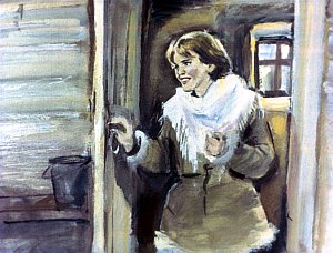 Лейтенант не успел и обуться, как прибежала Катя Малышева. Иллюстрация к рассказу А. Н. Толстого «Русский характер». Художник Г. Сояшников, 1978 г.