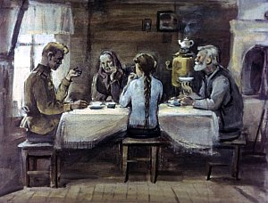 Он опять рассказывал о лейтенанте Дремове, на этот раз о его воинских подвигах, — рассказывал жестоко и не поднимал глаз на Катю, чтобы не видеть на ее милом лице отражения своего уродства. Иллюстрация к рассказу А. Н. Толстого «Русский характер». Художник Г. Сояшников, 1978 г.