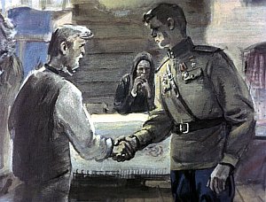 Пришел отец, Егор Егорович, тоже сдавший за эти годы, — бородку у него как мукой осыпало. Поглядывая на гостя, потопал на пороге разбитыми валенками, не спеша размотал шарф, снял полушубок, подошел к столу, поздоровался за руку. Иллюстрация к рассказу А. Н. Толстого «Русский характер». Художник Г. Сояшников, 1978 г.