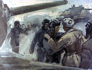 Он вернулся в свой полк, стоявший в глубоком тылу на пополнении. Боевые товарищи встретили его такой искренней радостью, что у него отвалилось от души то, что не давало ни спать, ни есть, ни дышать. Иллюстрация к рассказу А. Н. Толстого «Русский характер». Художник Г. Сояшников, 1978 г.