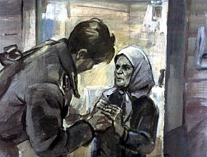 Тогда она отворила дверь и кинулась к нему, схватила за руки. Иллюстрация к рассказу А. Н. Толстого «Русский характер». Художник Г. Сояшников, 1978 г.