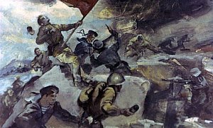Русский характер! Поди-ка опиши его... Рассказывать ли о героических подвигах? Но их столько, что растеряешься, — который предпочесть. Иллюстрация к рассказу А. Н. Толстого «Русский характер». Художник Г. Сояшников, 1978 г.