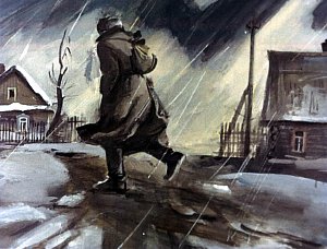 В село он пришел, когда уже были сумерки. Иллюстрация к рассказу А. Н. Толстого «Русский характер». Художник Г. Сояшников, 1978 г.