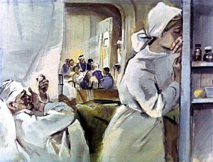 Через восемь месяцев, когда были сняты повязки, он взглянул на свое и теперь не на свое лицо. Медсестра, подавшая ему маленькое зеркальце, отвернулась и заплакала. Иллюстрация к рассказу А. Н. Толстого «Русский характер». Художник Г. Сояшников, 1978 г.