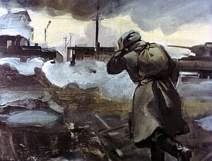 Егор Егорович захлопотал было, чтобы достать колхозную лошадь, — но он ушел на станцию пешком, как пришел... Иллюстрация к рассказу А. Н. Толстого «Русский характер». Художник Г. Сояшников, 1978 г.