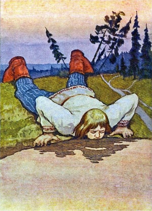 Великан был догадливый, сейчас же лёг на берег и стал озеро пить. Иллюстрация к сказке А. Н. Толстого «Жар-птица». Художник Куприянов Сергей Алексеевич, 1976