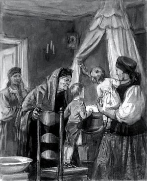 Подставили стул, я влез на него и, раскрыв зеленый шелковый положок, увидел спящего спеленанного младенца и заметил только, что у него на головке черные волоски. Сестрицу взяли на руки, и она также посмотрела на спящего братца – и мы остались очень довольны. Иллюстрация Д. А. Шмаринова к повести С. Т. Аксакова «Детские годы Багрова-внука»