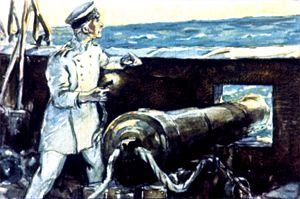 Артиллерист с горящим фитилем. Иллюстрация А. Святского к рассказу Льва Николаевича Толстого «Акула»