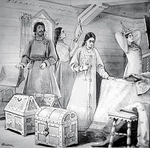 Купец раздает дочерям подарки. Иллюстрация Н. А. Богатова (1880-е) к сказке С. Т. Аксакова «Аленький цветочек» (1857)