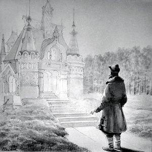 Купец вышел ко дворцу. Иллюстрация Н. А. Богатова (1880-е) к сказке С. Т. Аксакова «Аленький цветочек» (1857)