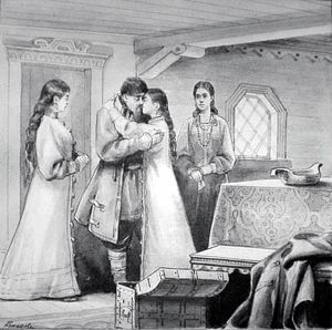Прощание с отцом. Иллюстрация Н. А. Богатова (1880-е) к сказке С. Т. Аксакова «Аленький цветочек» (1857)