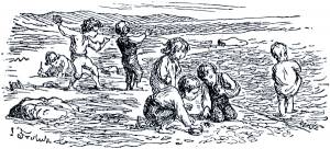 Высохшие остовы рыб, сухие водоросли и другие морские растения, белевшие на берегу и опутывавшие камни точно тесемками, тоже служили игрушками, забавой для глаз, пищей для ума. Иллюстрация Лоренца Фрюлиха к сказке Андерсена «На дюнах»