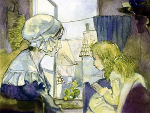 Женщина с девочкой и зеленый росток. Иллюстрация к сказке Андерсена «Пятеро из одного стручка» Г. Сояшникова, А. Кулешова
