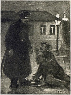 Гараська, продолжая выть, но уже потише, сел и поднял руку кверху... Рисунок художника М. Демьянова к рассказу Л. Андреева «Баргамот и Гараська». - Москва : журн. «Нар. благо», 1903.