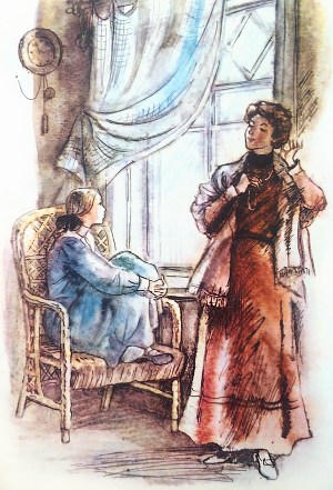 — Как же нам быть с Кусакой? — в раздумье спрашивала Леля. Иллюстрация Л. Виноградовой к рассказу «Кусака» Л. Андреева