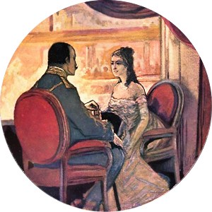 Он улыбкой поблагодарил ее и сел подле нее. Иллюстрация к роману Л. Н. Толстого «Анна Каренина». Художники: М. Щеглов, А. Моравов, А. Корин