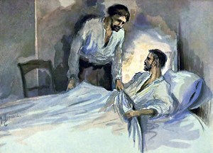 А я хорошо спал, у меня теперь уже нет пота. Посмотри, пощупай рубашку. Нет пота? Иллюстрация к роману Л. Н. Толстого «Анна Каренина». Художники: М. Щеглов, А. Моравов, А. Корин
