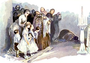 В церкви никого, кроме мужиков и дворников и их баб, не было. Но Дарья Александровна видела, или ей казалось, что видела, восхищение, возбуждаемое ее детьми и ею. Иллюстрация к роману Л. Н. Толстого «Анна Каренина». Художники: М. Щеглов, А. Моравов, А. Корин