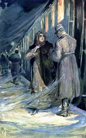 Она оглянулась и в ту же минуту узнала лицо Вронского. Иллюстрация к роману Л. Н. Толстого «Анна Каренина». Художники: М. Щеглов, А. Моравов, А. Корин