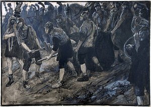 Входят торжественной процессией Вентидий, Силий и другие военачальники и простые воины. Пред ними несут тело Пакора. Иллюстрация к трагедии Уильяма Шекспира «Антоний и Клеопатра». Художник Эдвин Остин Эбби, 1909 г.