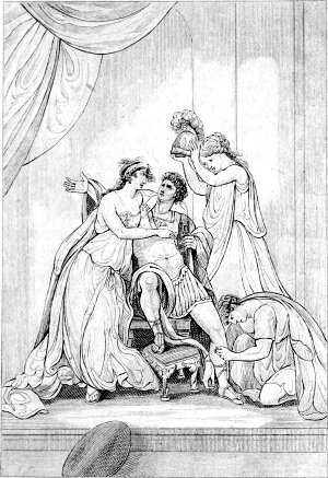 Акт IV. Сцена IV. Антоний, Клеопатра и другие. Иллюстрация к трагедии Уильяма Шекспира «Антоний и Клеопатра». Издание 1899 г.