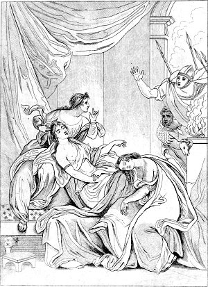 Акт V. Сцена II. Клеопатра, прислужницы, стражи. Иллюстрация к трагедии Уильяма Шекспира «Антоний и Клеопатра». Издание 1899 г.