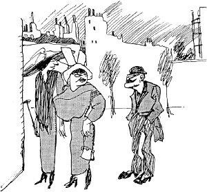 Ночная охота (Rue de la gaite). Иллюстрация к произведению А. Т. Аверченко «Экспедиция в Западную Европу сатириконцев: Южакина, Сандерса, Мифасова и Крысакова». Рис. А. Радакова и Ре-Ми. Санкт-Петербург : Изд. М. Г. Корнфельда, 1910.