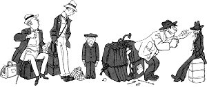 Мы расселись на своих чемоданах, и фабрика заработала. Иллюстрация к произведению А. Т. Аверченко «Экспедиция в Западную Европу сатириконцев: Южакина, Сандерса, Мифасова и Крысакова». Рис. А. Радакова и Ре-Ми. Санкт-Петербург : Изд. М. Г. Корнфельда, 1910.
