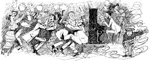 Бешенное веселье сатириконцев вкупе с парижанами — 14 июля. Иллюстрация к произведению А. Т. Аверченко «Экспедиция в Западную Европу сатириконцев: Южакина, Сандерса, Мифасова и Крысакова». Рис. А. Радакова и Ре-Ми. Санкт-Петербург : Изд. М. Г. Корнфельда, 1910.