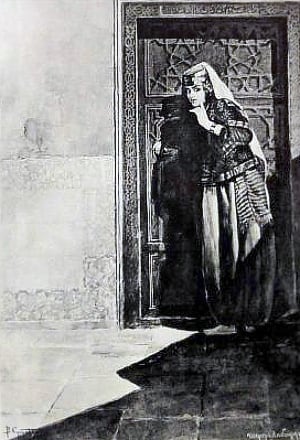 Пред нею дверь; с недоуменьем её дрожащая рука коснулась верного замка.... Иллюстрация к поэме А. С. Пушкина «Бахчисарайский фонтан». Художник Вардгес Акопович Суренянц (1860-1921)