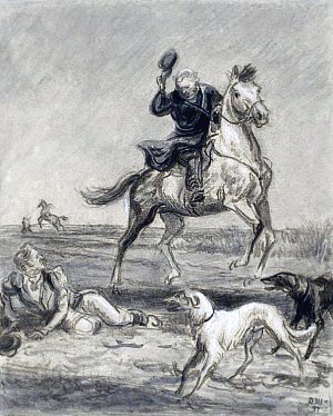 Берестов и упавший Муромский. Иллюстрация Д. А. Шмаринова (1937 г.) к повести А. С. Пушкина «Барышня-крестьянка» (1830 г.) из цикла «Повести Белкина».