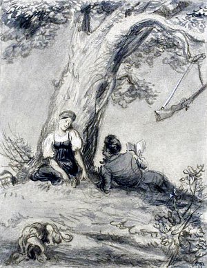 Алексей Муромский читает Лизе Берестовой (Акулине). Иллюстрация Д. А. Шмаринова (1937 г.) к повести А. С. Пушкина «Барышня-крестьянка» (1830 г.) из цикла «Повести Белкина».