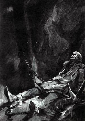 Подумал так да и свалился, где стоял. Так в руднишную мокреть и мякнулся, только брызнуло. Холодная она – руднишная-то вода, а ему все равно – не чует. Конец пришел. Иллюстрация к сказу П. П. Бажова «Две ящерки». Художник И. Л. Ушаков, 1976 г.