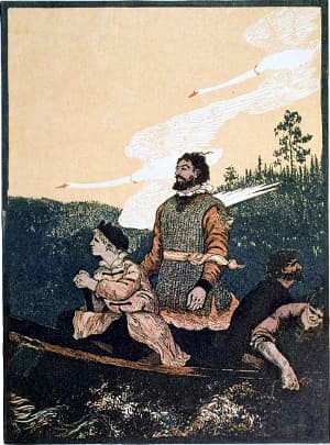 Ермак в лодке. Иллюстрация к сказу П. П. Бажова «Ермаковы лебеди». Художник Г. В. Перебатов, 1955 г.