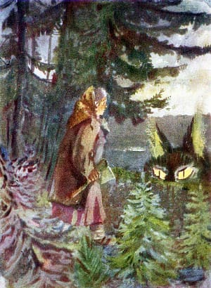 Иллюстрация к сказу П. П. Бажова «Кошачьи уши». Художник Гельберг Семен Аронович, 1947