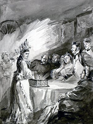 Взяла шкатулку, разобрала уборы, — привычно дело, — и живо их к месту пристроила. Барин глядит и только ахает. Иллюстрация к сказу П. П. Бажова «Малахитовая шкатулка». Художник В. С. Баюскин, 1944 г.