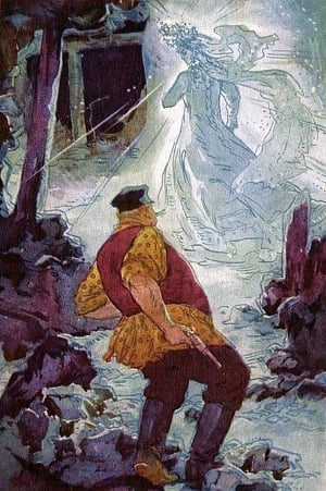 А приказчик, — он шибко ожесточенный был, да и попом обнадеженный, — выхватил свой пистолет... Иллюстрация к сказу П. П. Бажова «Приказчиковы подошвы». Художник В. П. Панов, 1964