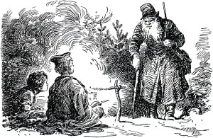 Костер запалили, а дело к вечеру. Боязно ребятам стало. Только видят — идет старик, заводской же. Семенычем его звали. Иллюстрация к сказу П. П. Бажова «Про Великого Полоза». Художник Коровин Олег Дмитриевич, 1956