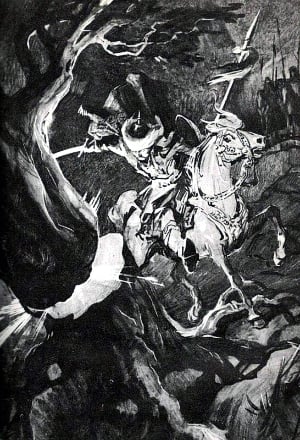 — А ну, на крепость! — кричит Салават. Подлетел к большой сосне, а они ведь у нас, сами знаете, какие по горам растут. Как камень, в воде тонут. Рубнул Салават с налету во всю силу и думает, — посмотрю, какую зарубку оставит, если не переломится. Шашка прошла сосну, как прутик какой. Иллюстрация к сказу П. П. Бажова «Старых гор подаренье». Художник И. Ушаков, 1976 г.